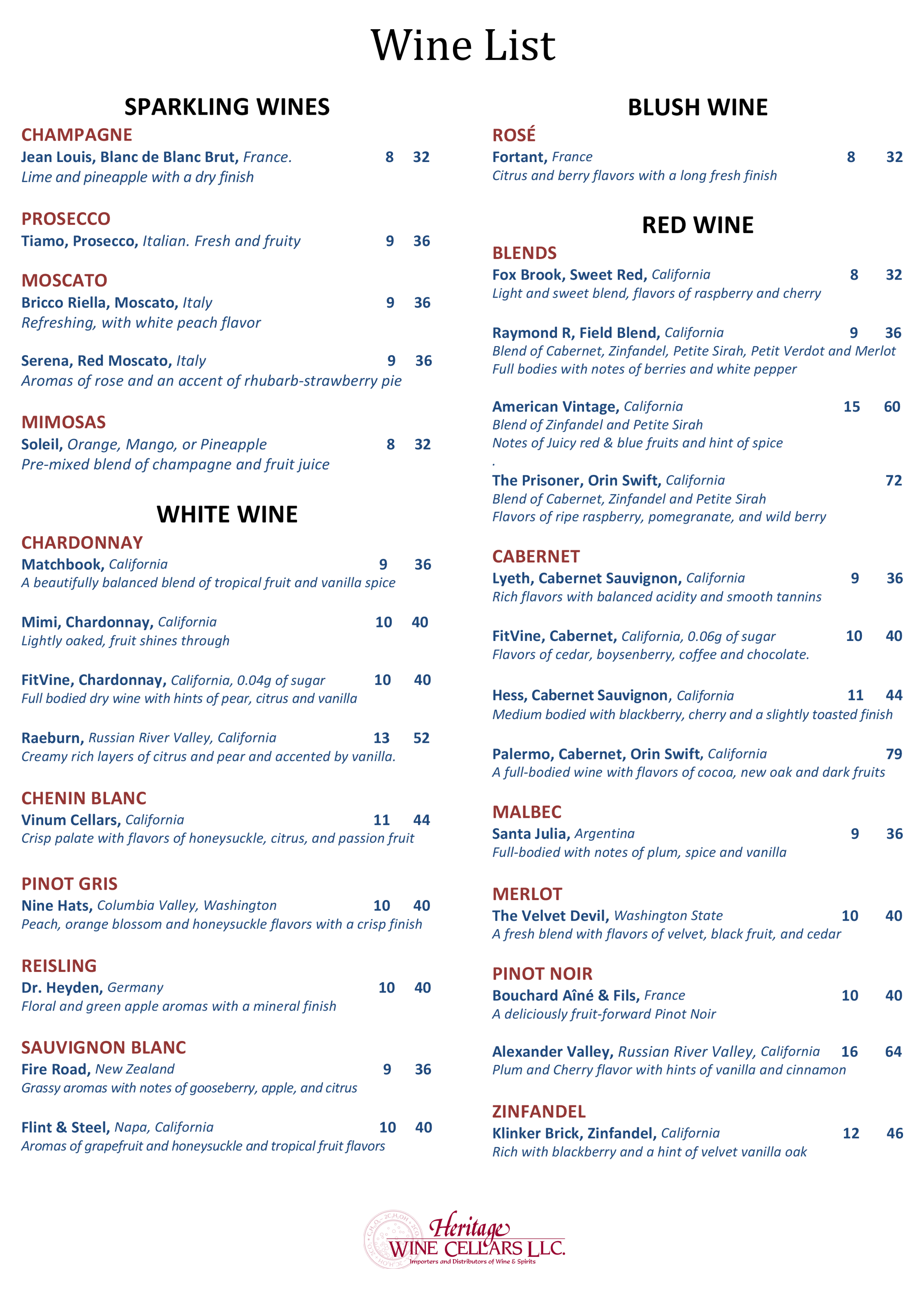 Pinot's Palette Naperville Bar Menu